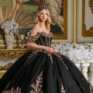 New Formal Tulle Off Shoulder Quinceanera Gown w/ Floral Gold Applique GL3640